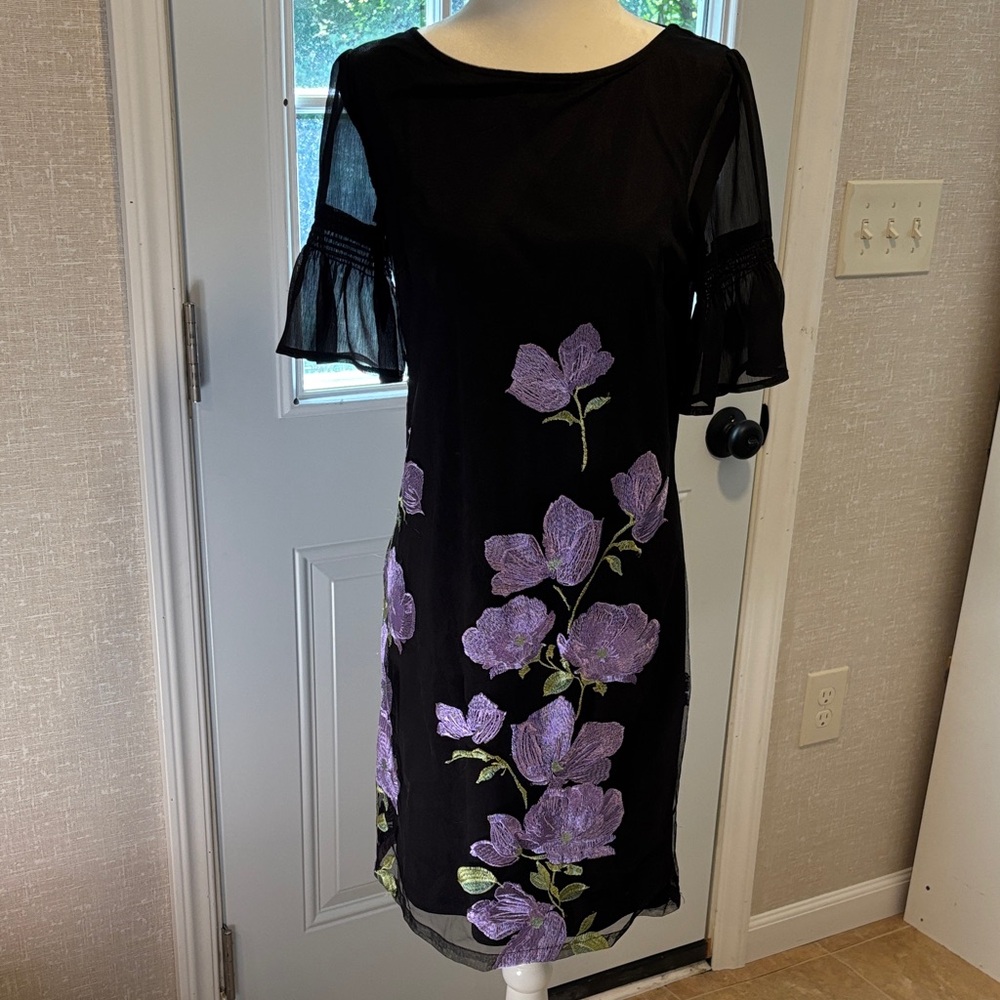 Karl Lagerfeld Black Midi Dress with Lavender Floral Appliqué
